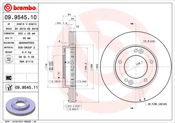 Brembo 09.9545.11 - Спирачен диск vvparts.bg