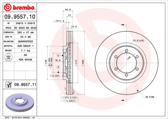 Brembo 09.9557.11 - Спирачен диск vvparts.bg