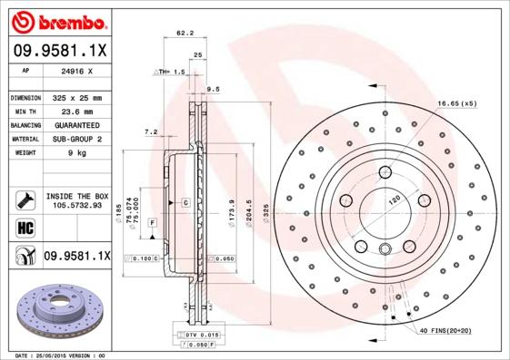 Brembo 09.9581.1X - Спирачен диск vvparts.bg