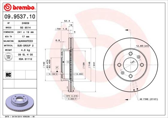 Brembo 09.9537.10 - Спирачен диск vvparts.bg