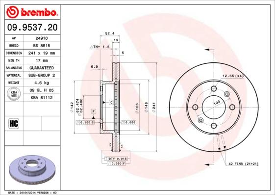 Brembo 09.9537.20 - Спирачен диск vvparts.bg