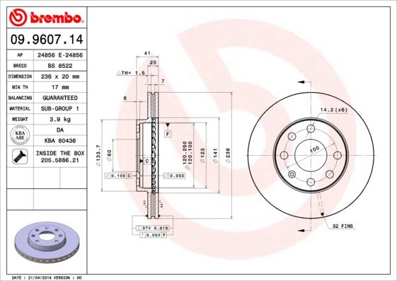 Brembo 09.9607.14 - Спирачен диск vvparts.bg