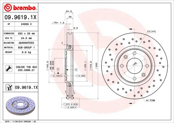 Brembo 09.9619.1X - Спирачен диск vvparts.bg