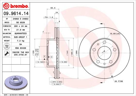 Brembo 09.9614.14 - Спирачен диск vvparts.bg