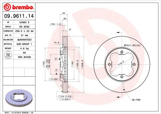 Brembo 09.9611.14 - Спирачен диск vvparts.bg