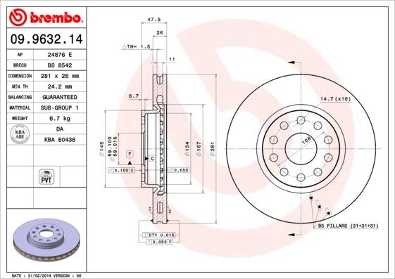 Brembo 09.9632.14 - Спирачен диск vvparts.bg