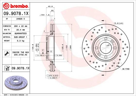 Brembo 09.9078.1X - Спирачен диск vvparts.bg