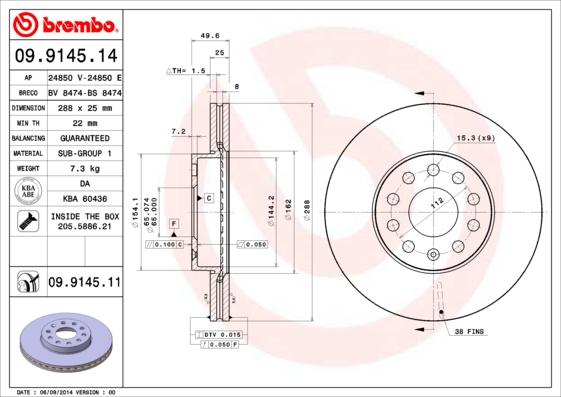 Brembo 09.9145.14 - Спирачен диск vvparts.bg