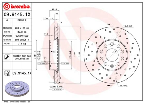 Brembo 09.9145.1X - Спирачен диск vvparts.bg