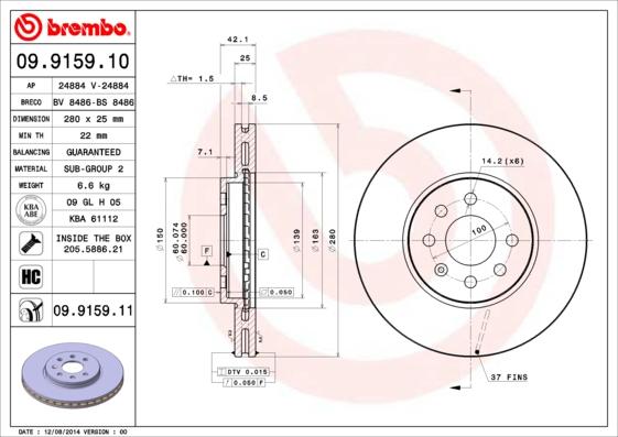 Brembo 09.9159.11 - Спирачен диск vvparts.bg