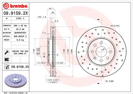 Brembo 09.9159.2X - Спирачен диск vvparts.bg