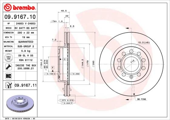 Brembo 09.9167.11 - Спирачен диск vvparts.bg