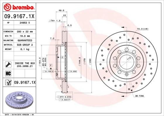 Brembo 09.9167.1X - Спирачен диск vvparts.bg