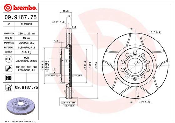 Brembo 09.9167.75 - Спирачен диск vvparts.bg