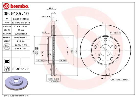 Brembo 09.9185.10 - Спирачен диск vvparts.bg