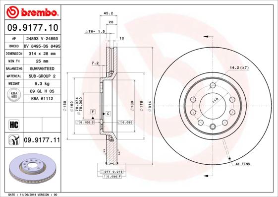 Brembo 09.9177.11 - Спирачен диск vvparts.bg