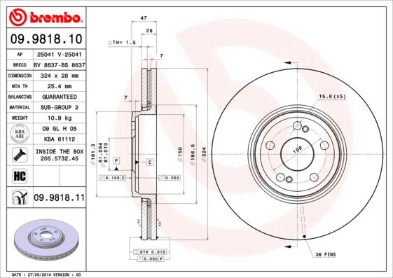 Brembo 09.9818.11 - Спирачен диск vvparts.bg
