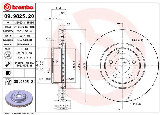 Brembo 09.9825.20 - Спирачен диск vvparts.bg