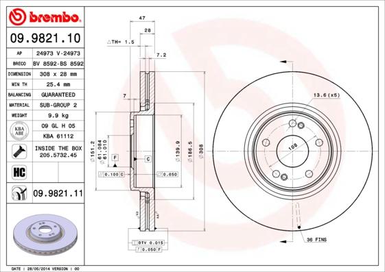 Brembo 09.9821.11 - Спирачен диск vvparts.bg