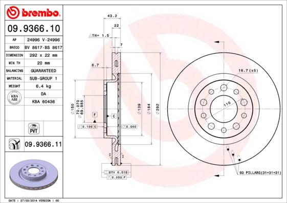 Brembo 09.9366.11 - Спирачен диск vvparts.bg