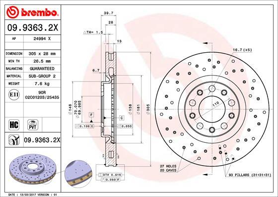 Brembo 09.9363.2X - Спирачен диск vvparts.bg