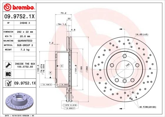 Brembo 09.9752.1X - Спирачен диск vvparts.bg