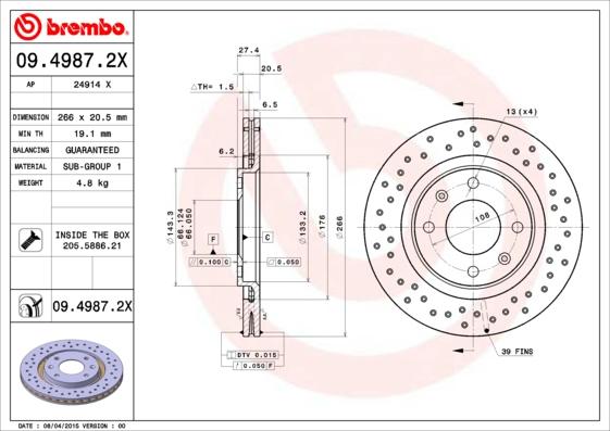 Brembo 09.4987.2X - Спирачен диск vvparts.bg
