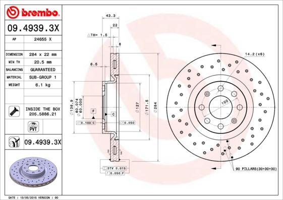Brembo 09.4939.3X - Спирачен диск vvparts.bg