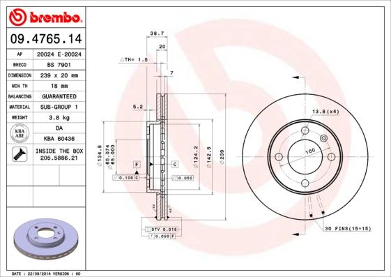 Brembo 09.4765.14 - Спирачен диск vvparts.bg