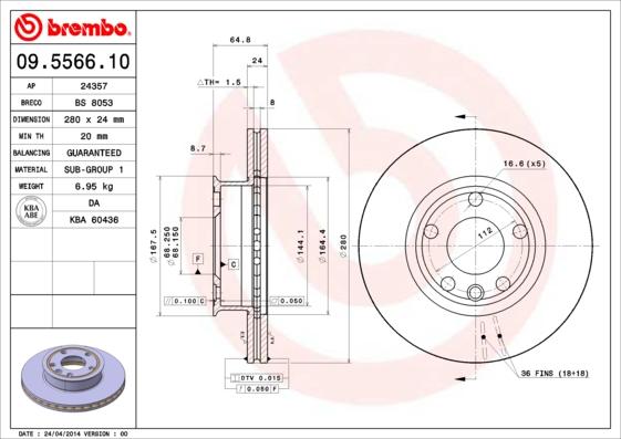 Brembo 09.5566.10 - Спирачен диск vvparts.bg