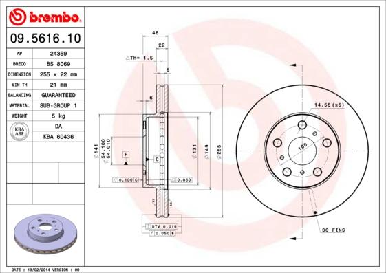 Brembo 09.5616.10 - Спирачен диск vvparts.bg