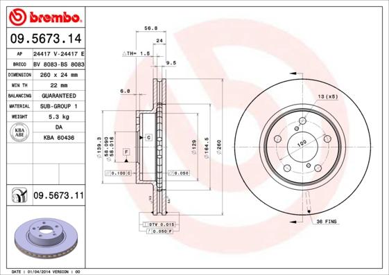 Brembo 09.5673.11 - Спирачен диск vvparts.bg