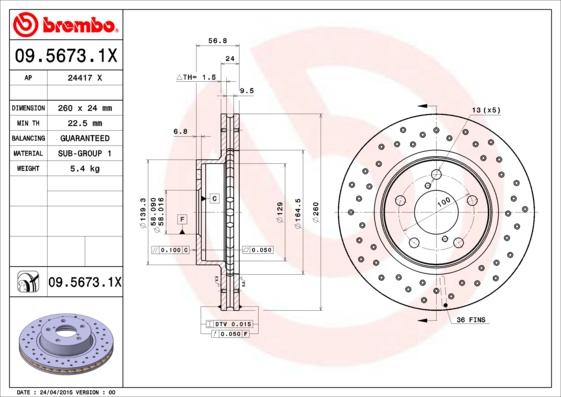 Brembo 09.5673.1X - Спирачен диск vvparts.bg