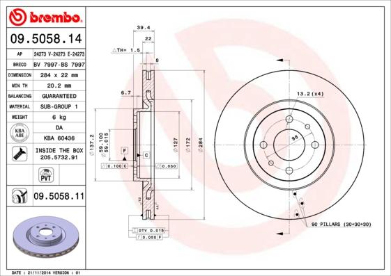 Brembo 09.5058.11 - Спирачен диск vvparts.bg