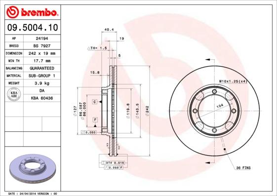 Brembo 09.5004.10 - Спирачен диск vvparts.bg