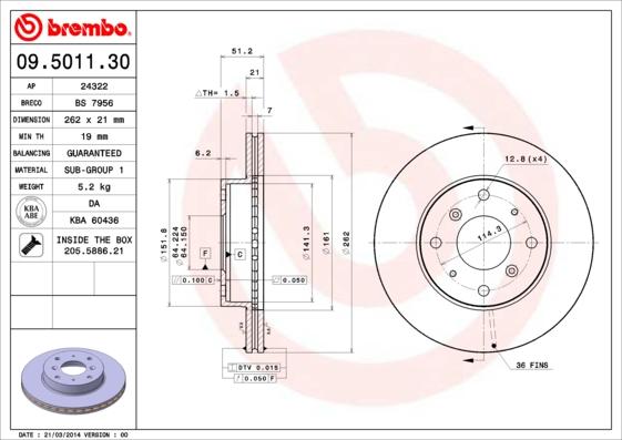 Brembo 09.5011.30 - Спирачен диск vvparts.bg