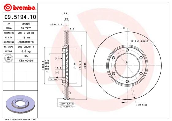 Brembo 09.5194.10 - Спирачен диск vvparts.bg