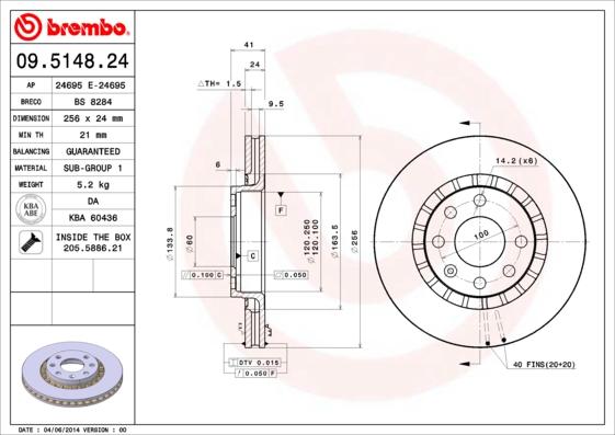 Brembo 09.5148.24 - Спирачен диск vvparts.bg