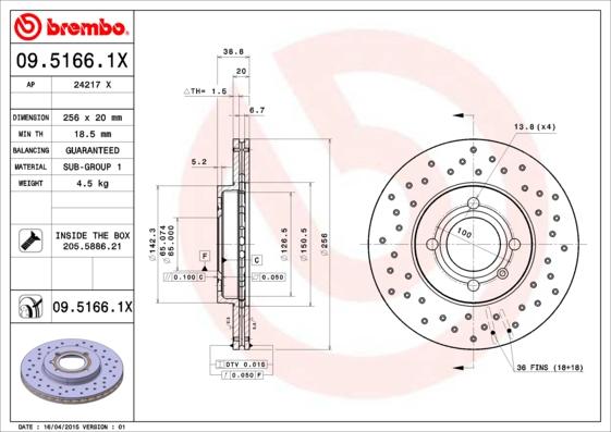 Brembo 09.5166.1X - Спирачен диск vvparts.bg