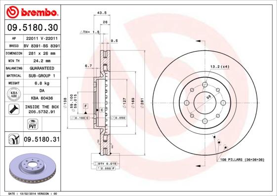 Brembo 09.5180.31 - Спирачен диск vvparts.bg