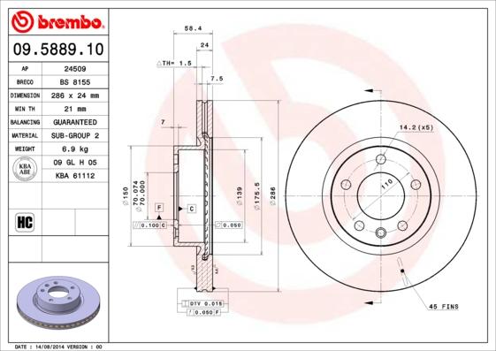 Brembo 09.5889.10 - Спирачен диск vvparts.bg