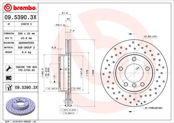 Brembo 09.5390.3X - Спирачен диск vvparts.bg