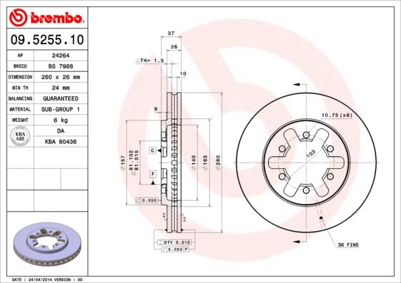 Brembo 09.5255.10 - Спирачен диск vvparts.bg