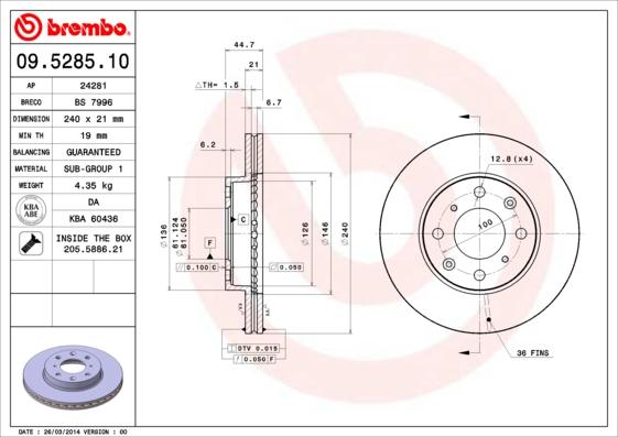 Brembo 09.5285.10 - Спирачен диск vvparts.bg