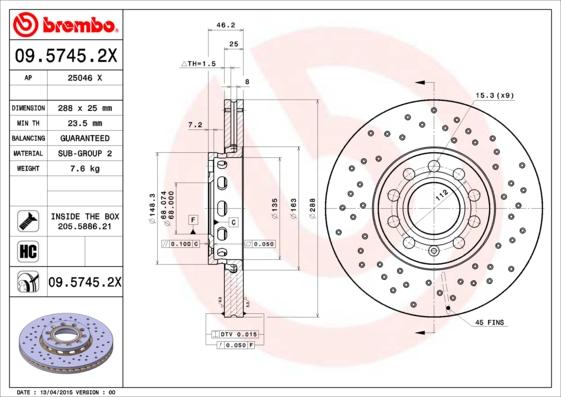 Brembo 09.5745.2X - Спирачен диск vvparts.bg