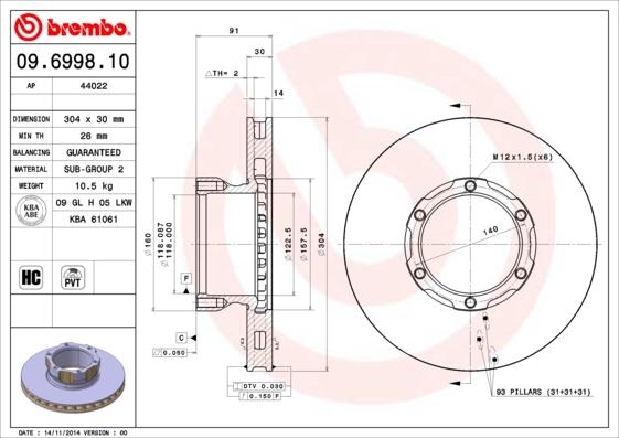 Brembo 09.6998.10 - Спирачен диск vvparts.bg