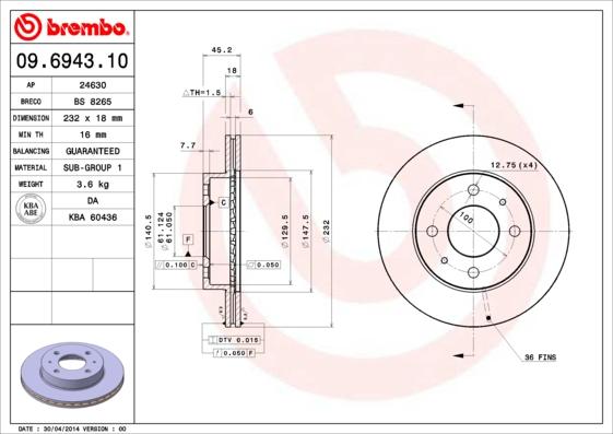Brembo 09.6943.10 - Спирачен диск vvparts.bg
