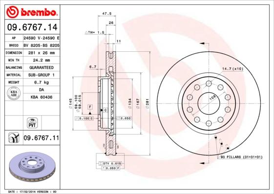 Brembo 09.6767.11 - Спирачен диск vvparts.bg