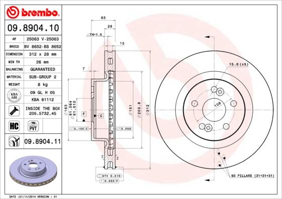 Brembo 09.8904.11 - Спирачен диск vvparts.bg