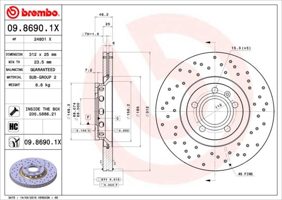 Brembo 09.8690.1X - Спирачен диск vvparts.bg